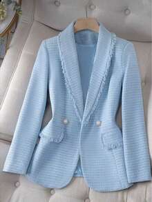 Áo khoác blazer nữ tay dài cổ tròn màu trơn thanh lịch, thu/đông - Màu xanh nhạt - Xem 1