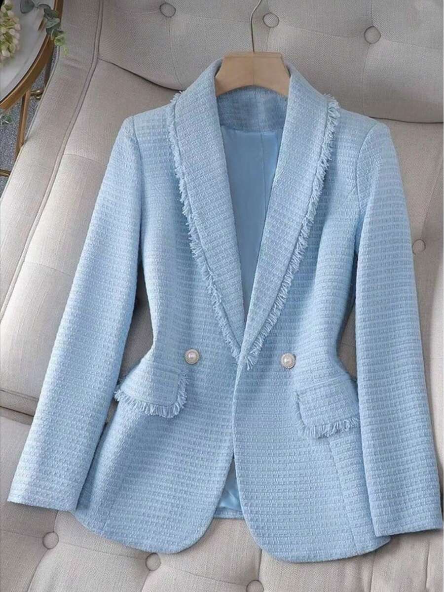 Áo khoác blazer nữ tay dài cổ tròn màu trơn thanh lịch, thu/đông - Màu xanh nhạt - Xem 1