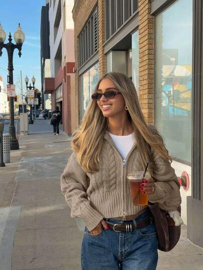 Cardigan Senya toamnă/iarnă nou, vintage, cu fermoar, tricotat cu cabluri, cardigan casual cu umeri căzuți, stil scurt, potrivit pentru naveta zilnică, profesori, aeroport, Ziua Îndrăgostiților, Anul Nou