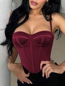 Apperloth A Y2K Sexy Corset Boned Going Out Tops For Women Mesh Grommet Eyelet Lace Up Back Backless Adjustable Straps Overbust Bustier Shapewear Crop Cami Tank Cute Top Rave Festival Outfits Halloween Clothes Christmas Costumes - 酒紅色 - 查看 2