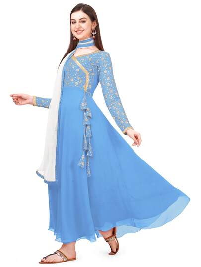 Estationeryhouse Women's Georgette Anarkali Kurta Kurti With Heavy Embroidery With Contrast Dupatta (Bottoms Not Included)