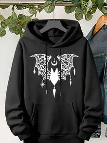 Plus Size Bat Print Hoodie, Casual Pocket Drawstring Long Sleeve Hooded Sweatshirt, Women's Plus Size Clothing