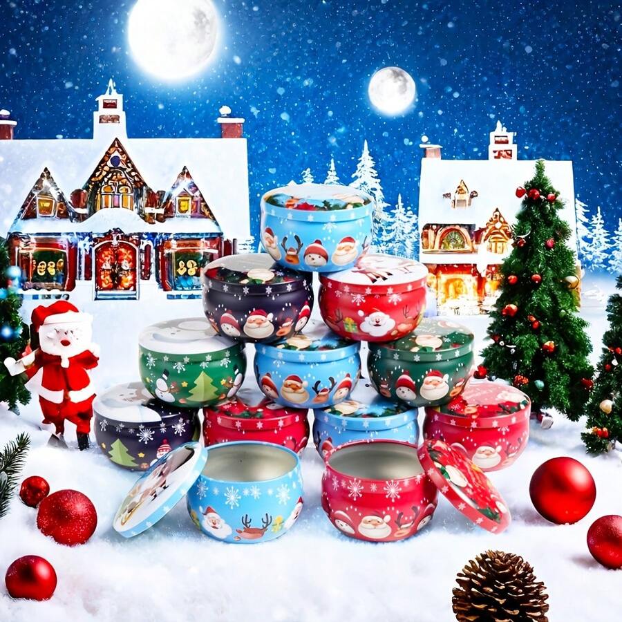 10Pcs Christmas Themed Candle Jars, 2.2 Oz Metal Candle Jars, Perfect For DIY Candle Projects. It Is A Very Good Choice For Beginners And Handmade Enthusiasts, And Also A Perfect Gift For Birthdays Or Thanksgiving., Christmas Decorations, Christmas Gifts - Multicolor - View 1