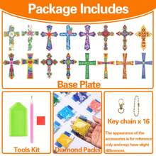 16pcs Religious Theme DIY Double-Sided Diamond Painting Hanging Decor, Unique Floral Cross Keychain, Handmade Diamond Painting Kit, Backpack Pendant, Clothing & Hat Decor, Handcraft Gift, Beginner Craft Set, Includes Keychain, Improves Hands-On Ability, Holiday Gift, Holiday Decor, DIY Acrylic Small Hanging Ornament
