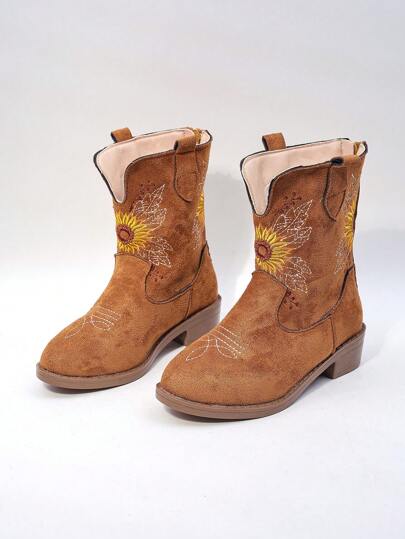 1 Par de Botas com Sola Média de Camurça com Bordado de Girassol para Meninas, com Salto Baixo e Estilo Retrô para Uso Diário/Uso Externo
