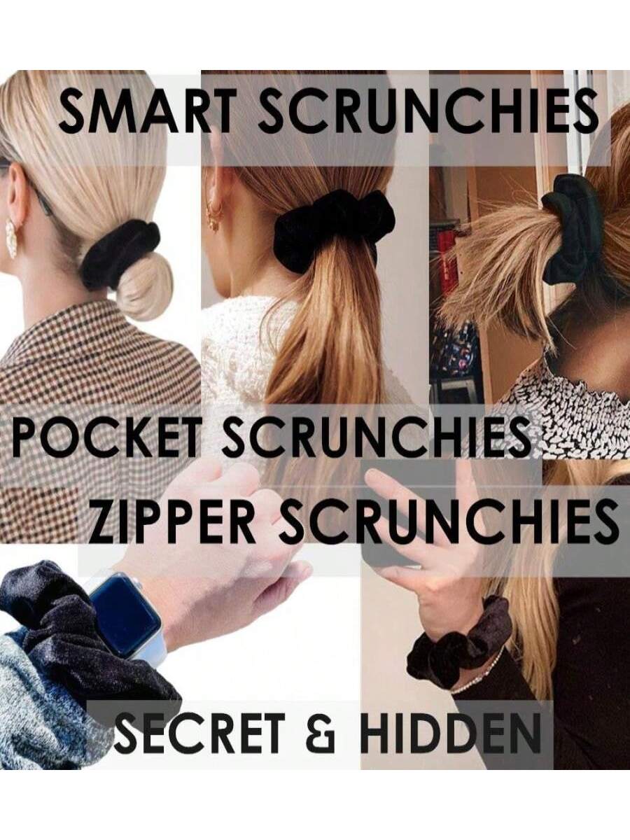 Zipper Scrunchies, Pocket Scrunchie, SECRET &Amp; HIDDEN, Velvet Hair Ties Bracelet, Compatible With Apple 3 & Amp;2 & Amp;1, Key Money Storage Bag, Elastics Hair Band (Black 3PCS)