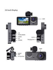 1 pieza, Cámara de salpicadero frontal, trasera y interior, Cámara de salpicadero de 3 lentes para automóviles, Cámara DVR para automóviles Full HD 1080P con grabación en bucle, Cámara para automóvil, Pantalla de 2 pulgadas, Tarjeta SD no incluida - Negro - Ver 5