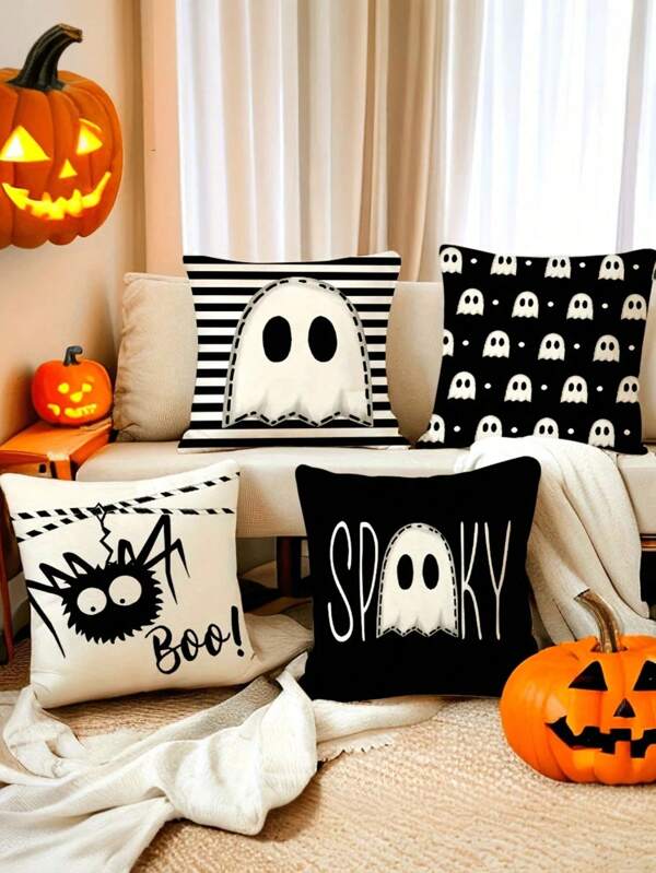 4pcs/1pc Halloween Party Decoration Pillow Cover, Ghost And Spider Web Design, 18*18 Inches Soft Polyester With Zipper Closure, Suitable For Living Room, Room, Sofa And Bedroom (Filling Not Included) Perfect For Halloween Decor, Halloween Decorations, Fall Decor
