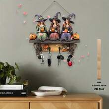 1 件复古波西米亚万圣节女巫木制墙饰带挂钩 - 2D 平面木质装饰，女巫帽和南瓜设计，入口通道/派对钥匙链，无需电力，2D 平面