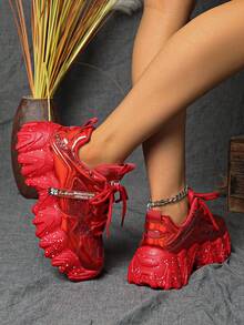 [Please Refer To The Size Chart In The Details] Women's Platform Sneakers, New Glitter Splatter Chunky Shoes, Wave Sole Casual Shoes, Silver Laser Thick Bottom Shoes, Red Sports Shoes, Reflective Letter Pattern Elevated Fashion Sneakers For Women - Red - View 7