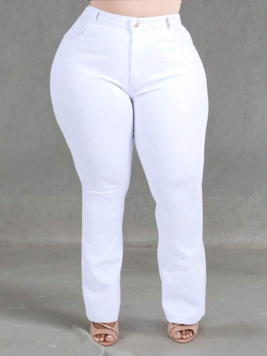 Women's Plus Size Flare Jeans, High Waist, Butt Lifting, With Lycra, Premium Line - trắng - Xem 1