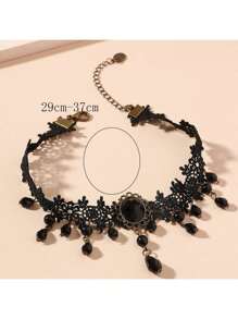 Cuiwrgrs 1件哥特风蕾丝颈链，复古项圈项链，情人节配饰 - 黑色 - 查看 4