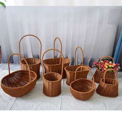 1pc Woven Rattan Basket, Rustic Floral Arrangement Gift Basket, Festive Candy Storage Basket, Picnic Fruit Basket