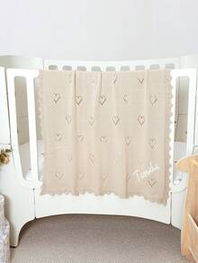 100% Cotton All-Season Baby Knitted Blanket, Customizable Baby Name Hand Embroidered Swaddle, Heart Hollow Lace Trim Newborn Stroller Blanket, Newborn Baby Keepsake Gift - Camel - View 5