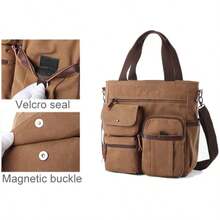 Vintage Canvas Messenger Bag For Men, Multi-Pocket Laptop Briefcase With Leather Trim, Shoulder Bag, Water-Resistant Work Bag For College, Commute, Travel, Fits 15" Laptop & Accessories 2000s Style Streetwear - A - View 5