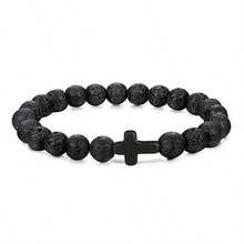 1pc Stone Beaded Cross Elastic Bracelet - Black - View 7
