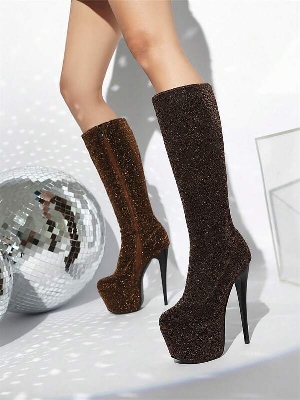 New Women's Fashion Glitter Over-The-Knee Boots, Super High Heel Waterproof Platform, Solid Color Long Boots For Party & Stage, Plus Size