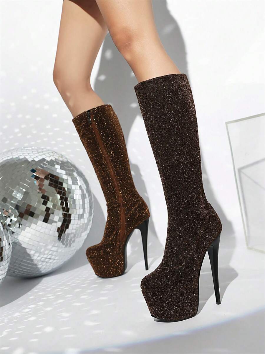 New Women's Fashion Glitter Over-The-Knee Boots, Super High Heel Waterproof Platform, Solid Color Long Boots For Party & Stage, Plus Size