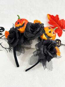 1 pieza Diadema de mujer de Halloween con diseño 3D de calabaza y rosa negra de malla, accesorio de fiesta, diadema para mujeres, regalo de accesorios de belleza para el hogar, aro para el cabello, esencial de disfraces de Halloween - calabaza - Ver 5