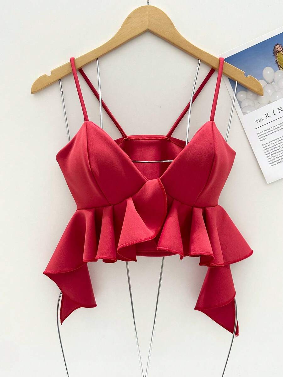 Women's  Crop Top With Ruffles And Padded Cups - Red - View 1