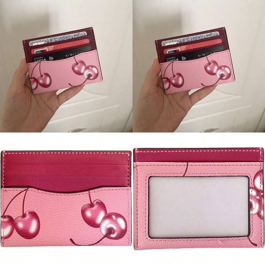 Slim Card Case For Women Leather Credit Card Holder With Cherry Print Red - Đỏ - Xem 1