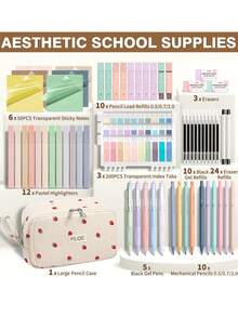 62PCS Large Capacity Pencil Pouch Stationery Pen Bag With Pastel Highlighters Black Ink Gel Pens Mechanical Pencils Set 0.5mm, 0.7mm & 2.0mm, Aesthetic School Supplies For Back To School Student & College Essentials Gifts - 米色草莓 - 查看 2