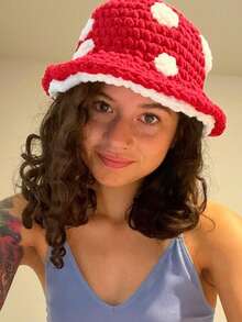 1pc Women's Red Bucket Hat, Cute Mushroom Bucket Hat, Handmade Crochet Thick Warm Knit Cap, Fairy Forest Hat, Casual Daily Hat