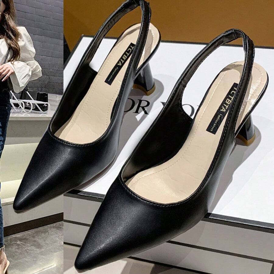 Sandalias francesas de punta abierta y talón abierto para mujer Novedades primavera/verano Zapatos de tacón alto con pliegues Zapatos de tacón grueso con tiras Zapatos de tacón de aguja para mujer Sandalias de tacón fino con pliegues Zapatos de tacón bajo y talón abierto para mujerZapatos de tacón alto - Negro - Ver 1