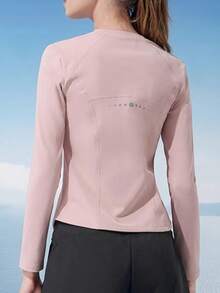 CAMEL CROWN Women's Yoga T-Shirt, Lightweight Fleece Windproof Warm Activewear Top, Stand Collar Slim Fit Solid Color Lined Long Sleeve Shirt, Spring - Flower Tea Powder - View 3