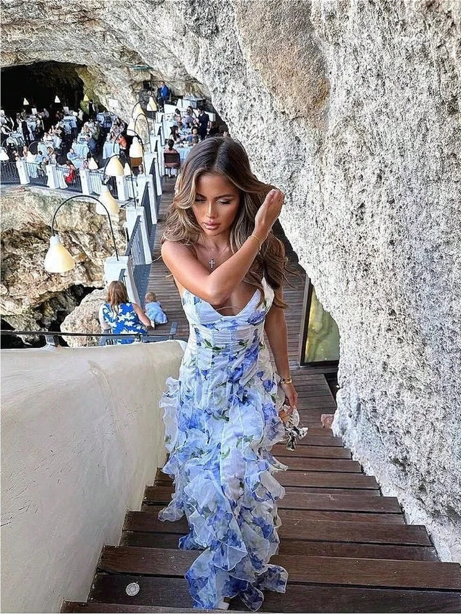 New Off-The-Shoulder European And American Women's Fashion Chiffon Print Fairy Long Temperament Evening Dress - 藍色 - 查看 1