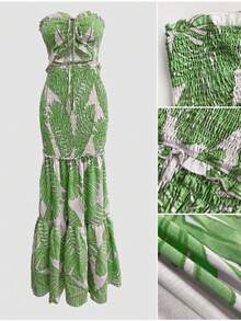 Women's Tropical Ruched Dress, Waist Cutout Design, Ruffle Hem, Fitted Silhouette, Fashionable And Unique, Suitable For Vacation, Beach Party And Summer Wear - Green - View 6