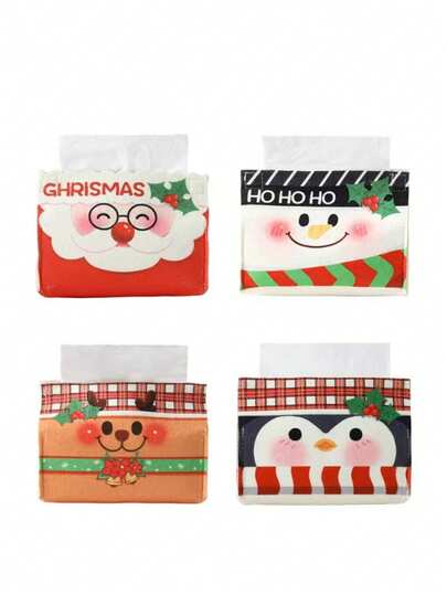 1 pieza Decoración navideña, Caja de pañuelos con impresión creativa de Papá Noel y muñeco de nieve de dibujos animados, Decoración para el hogar y la mesa, Soporte para pañuelos