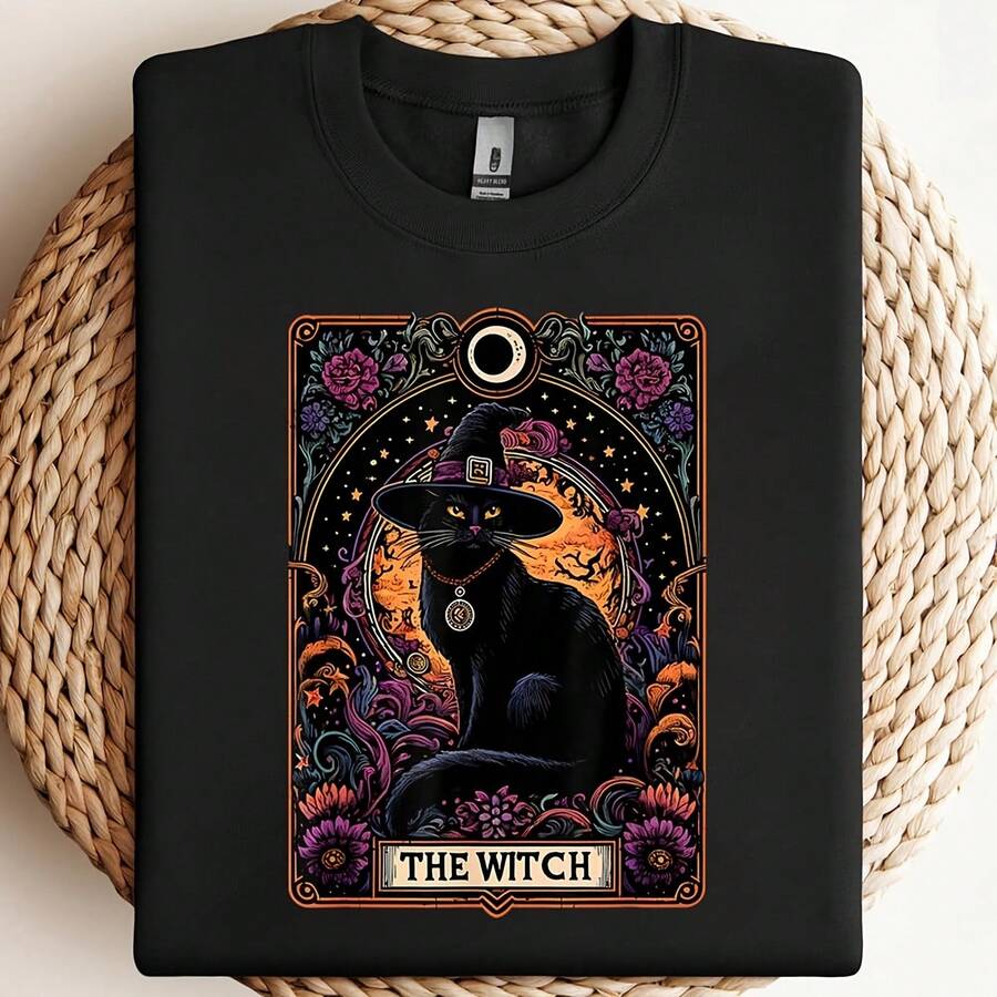 Rta Del Tarot De La Bruja Gato Halloween Gótico Vintage, Sublón, Diseño De Clipart, Desrga Digital - 黑色3 - 查看 1
