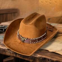 Retro Western Wide Brimmed Hat With Bullhead Decorative Band Suede Cowgirl Cap For Men Woman - Brown - View 5