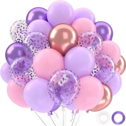 42 PIEZAS/Globos morados y rosas, globos de látex de 10/12 pulgadas en color morado pastel y rosa bebé con confeti metálico de oro rosa y lila para decoración de fiesta de cumpleaños de niña, baby shower, bautizo y boda