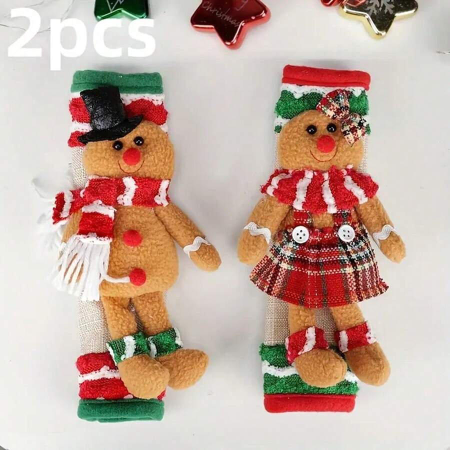2pcs Christmas Gingerbread Man & Woman Refrigerator Door Handle Covers - Classic Polyester Holiday Kitchen Decor, Suitable For Home And Kitchen Appliances, No Power Needed, No Feathers - متعدد الألوان - مشاهدة 1