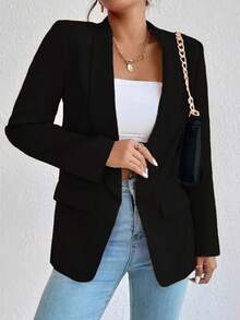 Blazer negro sólido para mujer - Nuevo estilo para primavera y otoño. Adopta un diseño de cuello chal que le otorga un temperamento elegante y grácil. Es adecuado para ocasiones como bodas, salidas diarias, fiestas y festivales. También puede servir como atuendo para Año Nuevo, Navidad, Halloween y otras celebraciones.
