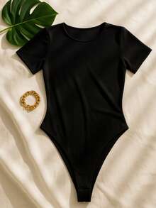 Women's Elegant Suplex Bodysuit With Lining, Short Sleeves, Perfect Fit, Versatile Fashion, Minimalist Look, Casual Chic Style For Summer, Simple, Casual, Elegant, Knitted, Backless - 黑色 - 查看 1