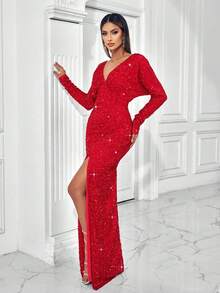 فستان سهرة رسمي فاخر، فستان طويل بأكمام طويلة وياقة على شكل حرف V مرصع بالترتر، مناسب للمناسبات الرسمية، خريف/شتاء