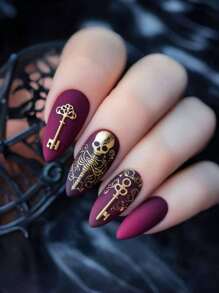 Unhas Falsas Almond de Comprimento Médio para Halloween, Adesivo de Unha com Padrão de Caveira e Chave, Destacável, 24 Peças Roxas, Arte de Unhas, Unhas Y2K, Unhas Postiças Almond, Suprimentos de Unhas para Halloween