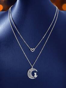 2件套精致银链心形猫咪月亮吊坠项链，女士派对日常节日首饰礼品 - 銀色 - 查看 3