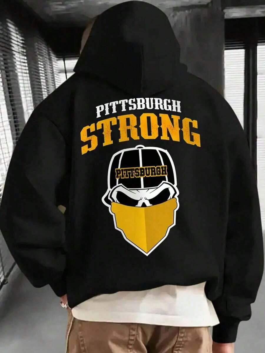 Men's Fleece-Lined Hoodie With Print - Casual Pullover Sweatshirt For Fall/Winter, Cotton Blend, Machine Washable - XL - View 1