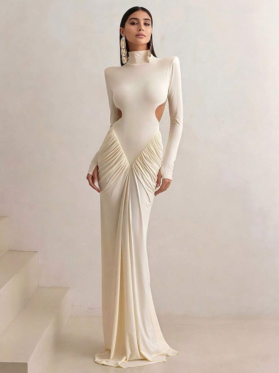 2025 Summer New Women's High-Neck Temperament Slim Sexy Backless Solid Color Long Dress - 杏色 - 查看 1