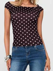 Womens Summer T Shirts Short Sleeve Crop Tops Boat Neck Dot Print Slim Fit Blouses - 深棕色 - 查看 3