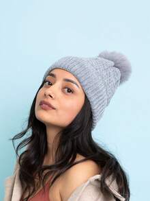 Velvet Cable Knit Pom Beanie – Soft & Stylish Winter Look - L. Gray - View 2