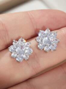 1pair Luxury Crystal Flower Stud Earrings Brilliant Cubic Zirconia Romantic Women Accessories Party Daily Wear Fashion Versatile For Teens Girls Earrings - Silver - View 13