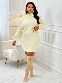BIUBIU Plus Size Women's High Neck Off-Shoulder T-Shirt And Knit Skirt Set, Suitable For Daily Wear And Office - Light Apricot - View 6