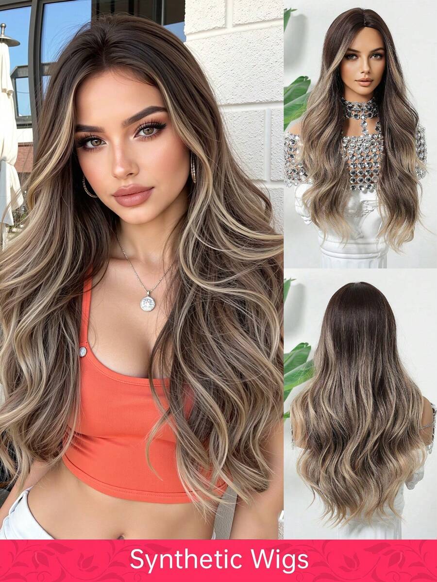 24英寸渐变棕色波浪假发，女士款 - 合成纤维中分自然蓬松假发 - 适合日常佩戴及各种场合 - 彩色 - 查看 1