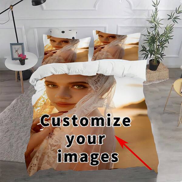 3PCS Customized Down Duvet Cover (1 Down Duvet Cover+2 Pillowcases), Customized Down Duvet Cover With Personal Photo Printed, Favorite Photo Polyester Fabric Digital Printing Pattern, 90g Fabric Duvet Cover Suitable For Boys, Girls, Teenagers, Holiday Gifts, Durable, Breathable, Lightweight, Washable, Funny, Cute, Love, Soft, Comfortable, Elegant, Simple, Custom, Personalized, Him, Dad, Mom, Family, Friends, For Anniversaries, For Mother's Day, For Birthdays, For Valentine's Day, For Graduation, For Weddings, Sofa, Bathroom, Dining Room, Customized Kids Bedding