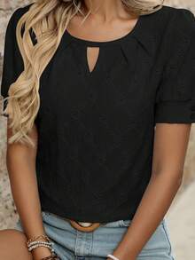 Women Summer Basic T-Shirt Casual Cutout Eyelets Short Sleeves Tops For Streetwear Aesthetic Grunge Clothes - Black - View 4